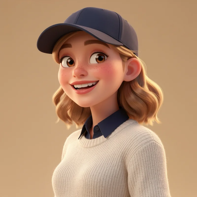 A friendly animated illustration of Casey smiling in a navy cap and ivory sweater.