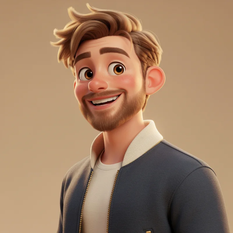 A friendly animated illustration of Scout smiling in a navy jacket with an ivory collar.
